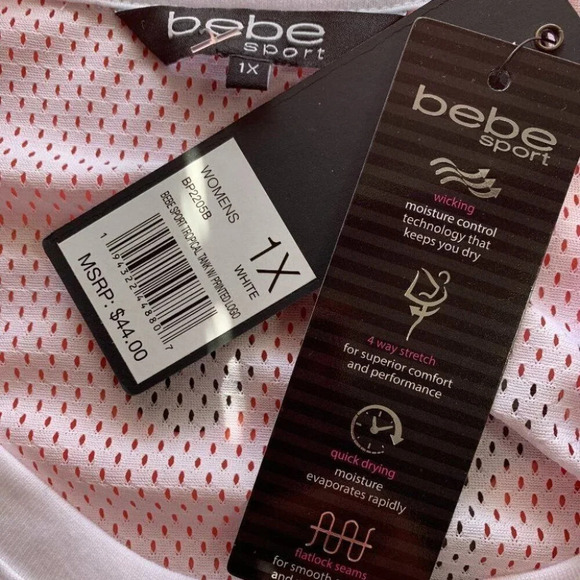 Bebe + 1X White Logo Name Graphic Scoop Neck Mesh Back Step-Hem Muscle Tank Tee - Picture 5 of 5